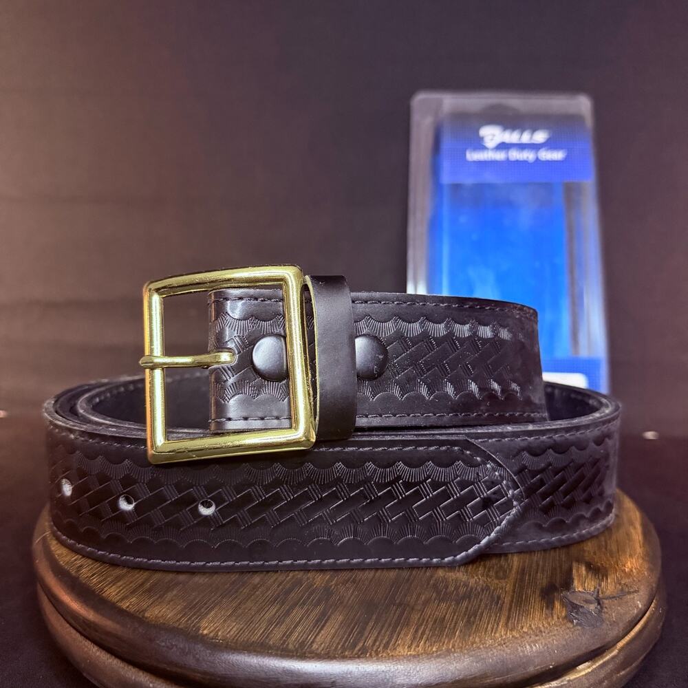 Galls Garrison Belt Size 56" Basketweave Tooled Black Leather 157 Brass 1.75"